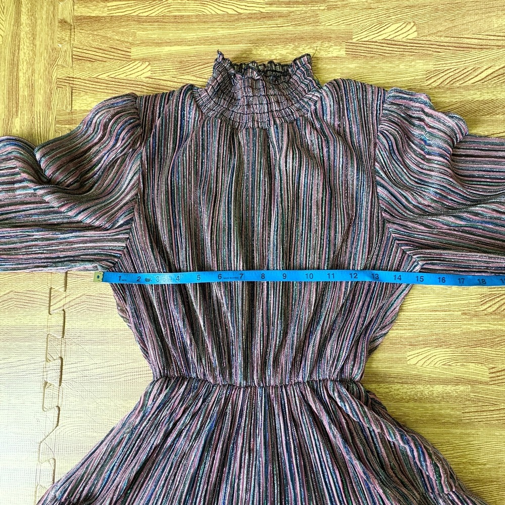 OPT Womens XS Metallic Striped Tiered Mini Dress Mock Neck Long Sleeve - Picture 5 of 9
